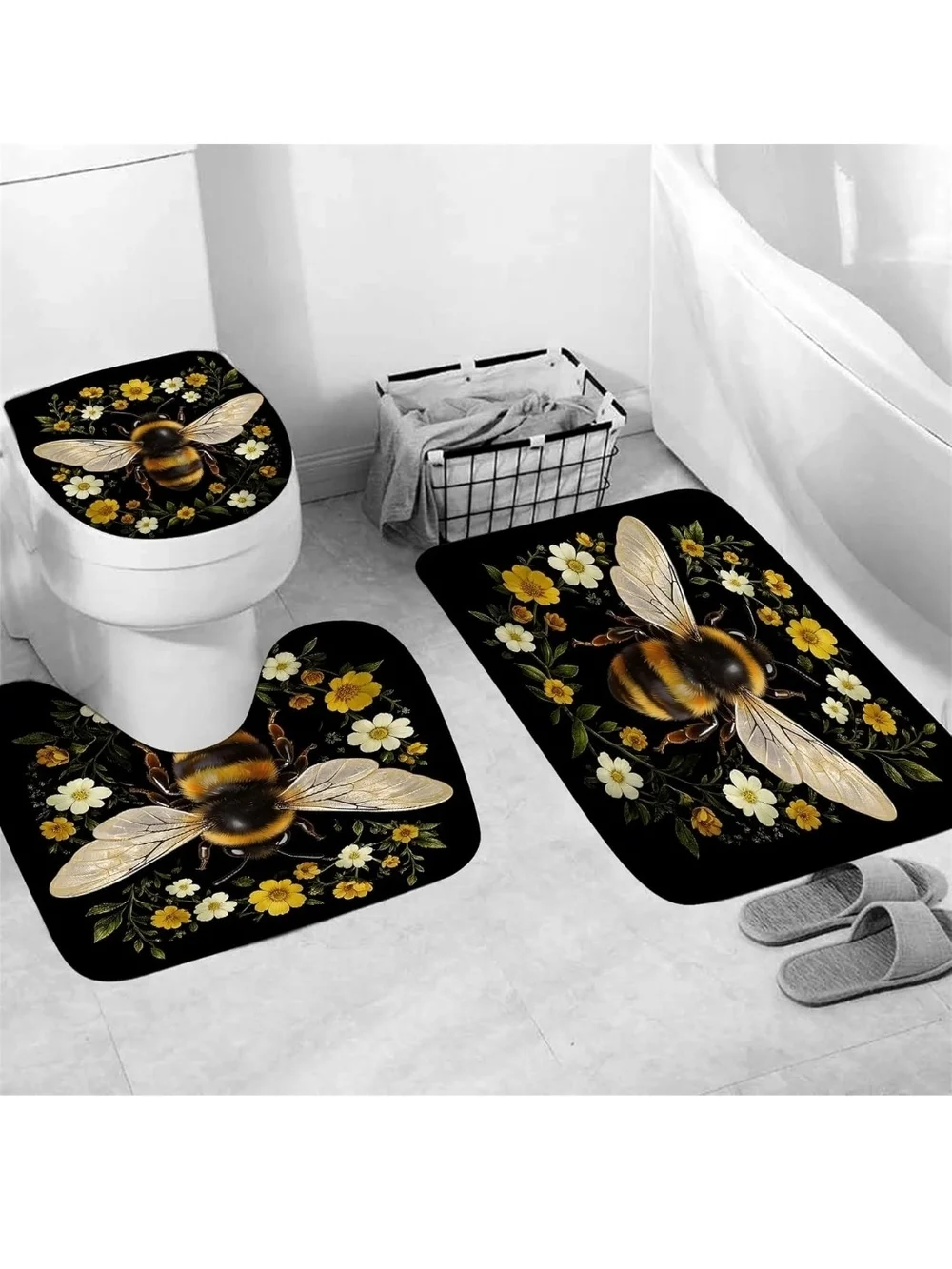 Bee Floral Black Shower Curtain and Bath Set